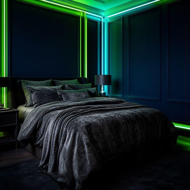 Olympus linen set in a dark-mode styled luxury bedroom with neon accents