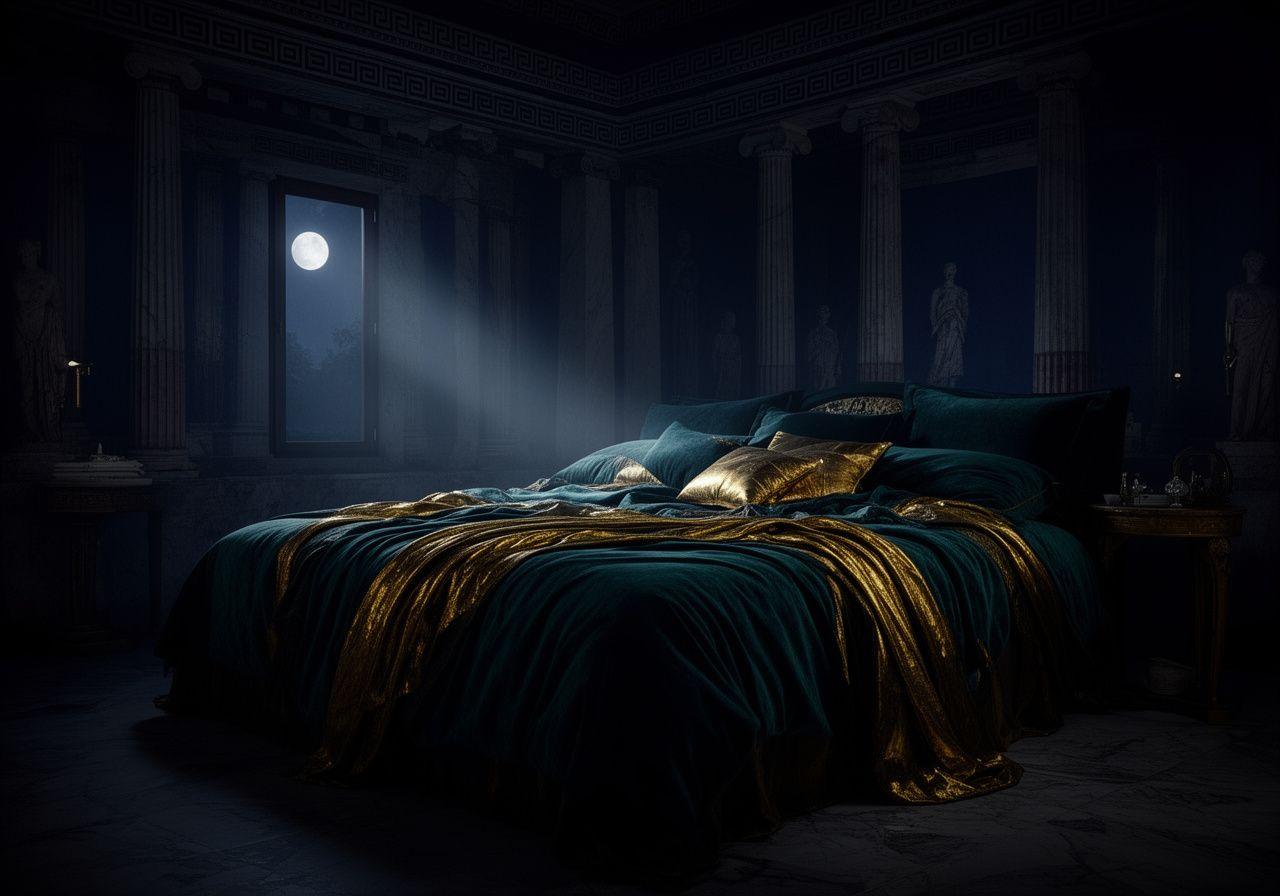 Luxury bedding in a moonlit room